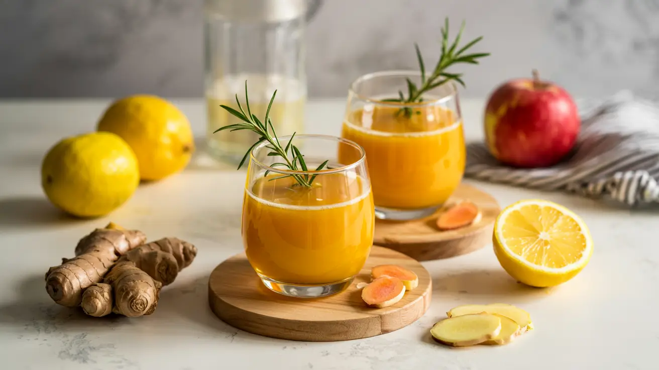 Two short glasses of bright turmeric-ginger apple drink with lemon, fresh ginger, and rosemary on a light kitchen counter.