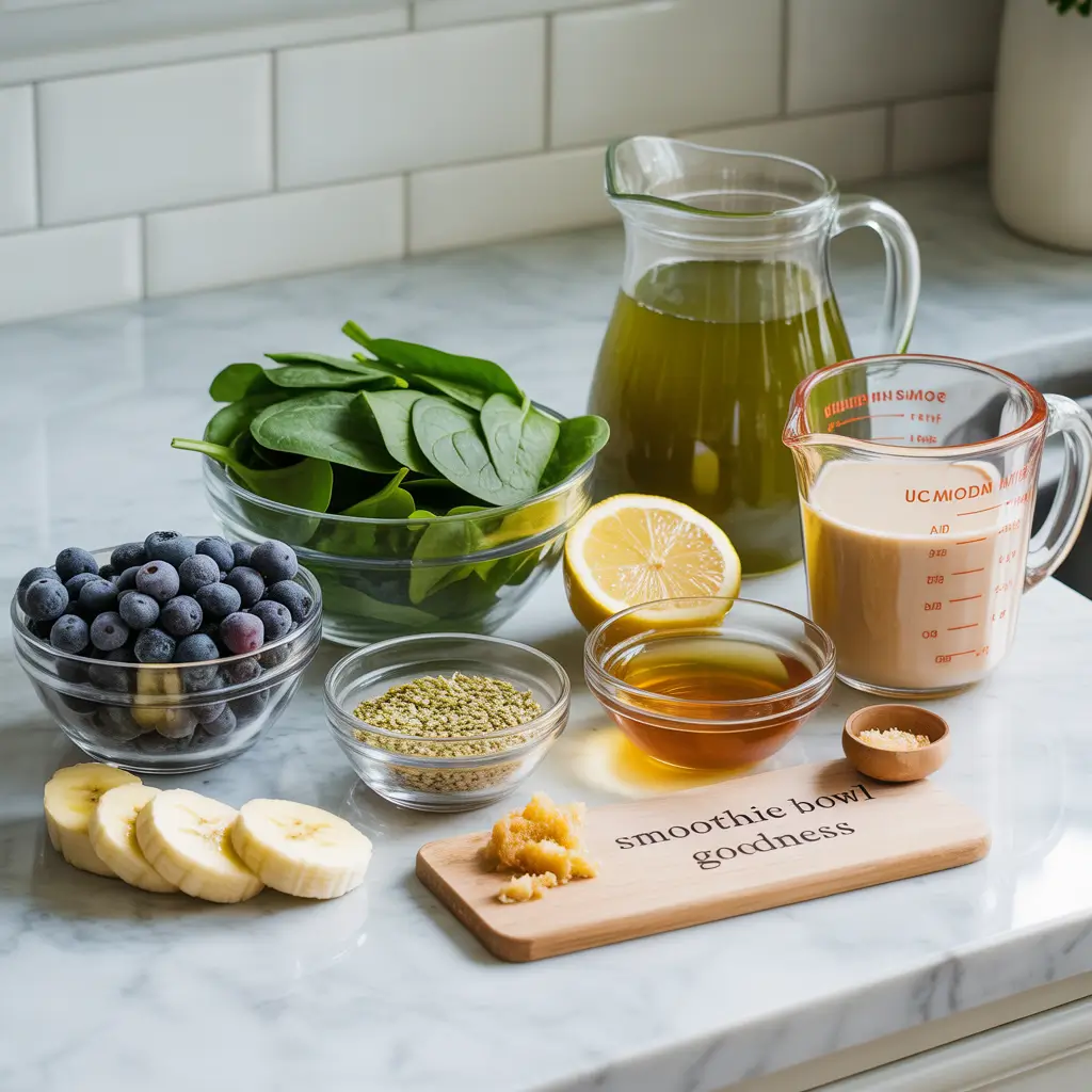 Overhead view of bowls and cups containing frozen blueberries, sliced bananas, leafy greens, lemon zest, lemon juice, hemp seeds, ground ginger, honey, almond milk, and green tea arranged on a white marble background.