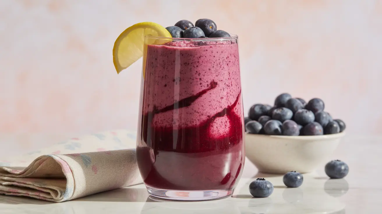 Tall glass of vibrant purple lemon-blueberry smoothie, garnished with fresh blueberries and a lemon wedge