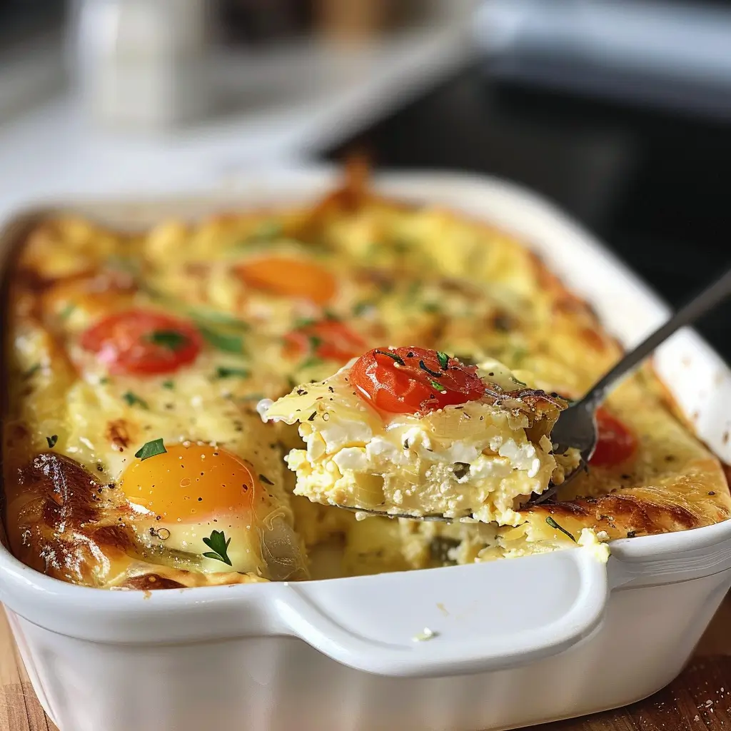 Baked cottage cheese egg casserole topped with cherry tomatoes and fresh herbs, a serving spoon lifting a portion.