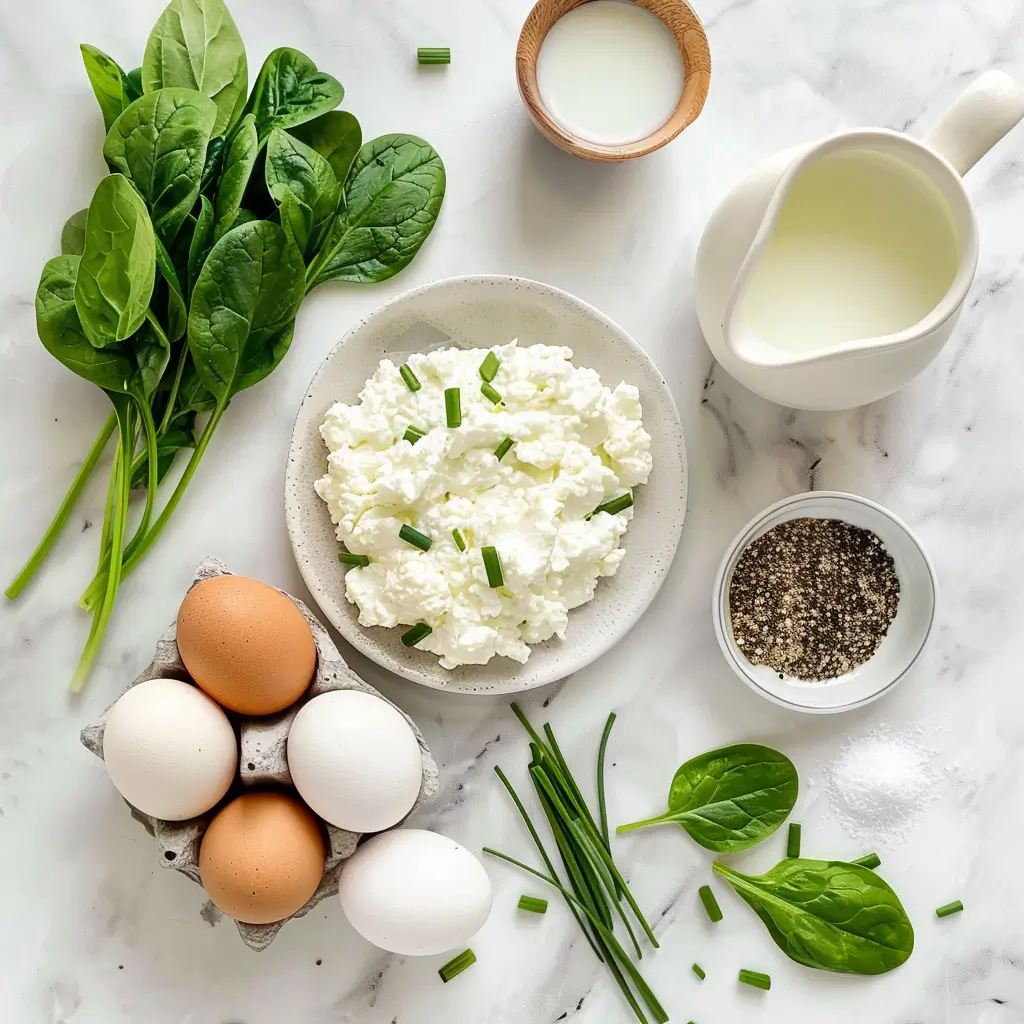 Ingredients for baked cottage cheese eggs laid out on marble.