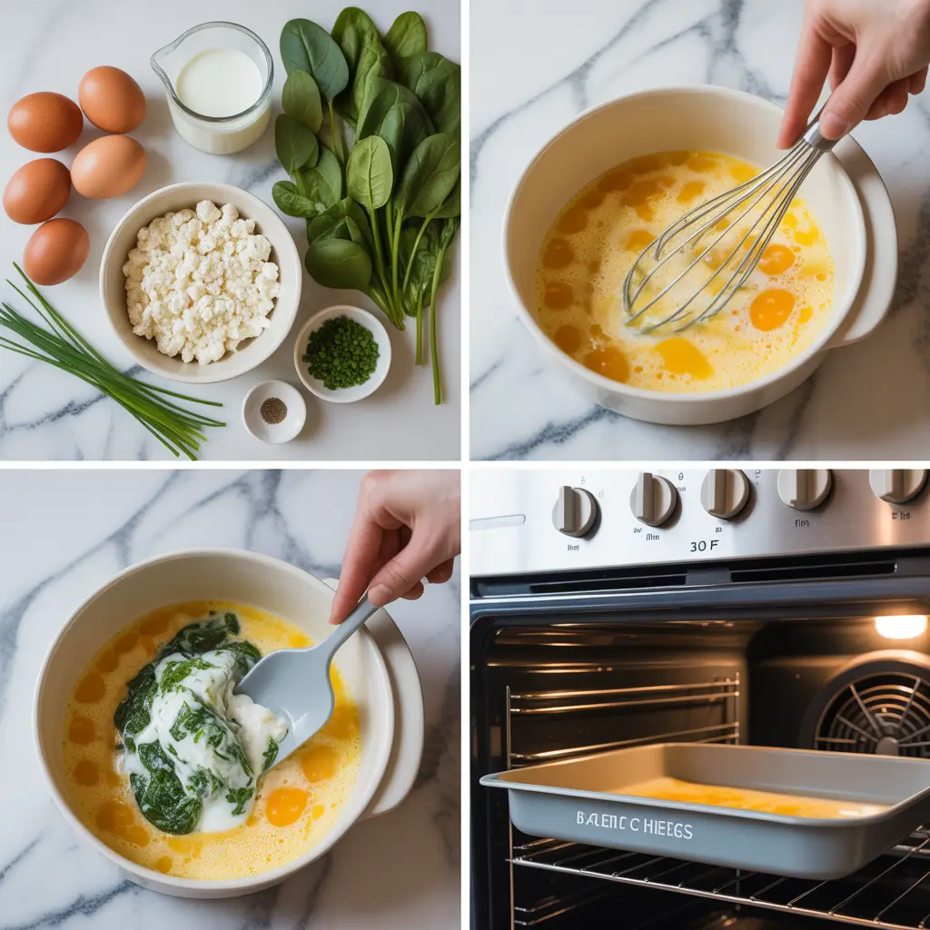 Step-by-step collage: ingredients laid out, whisking eggs and cottage cheese, folding in spinach, and pouring the mixture into the oven.