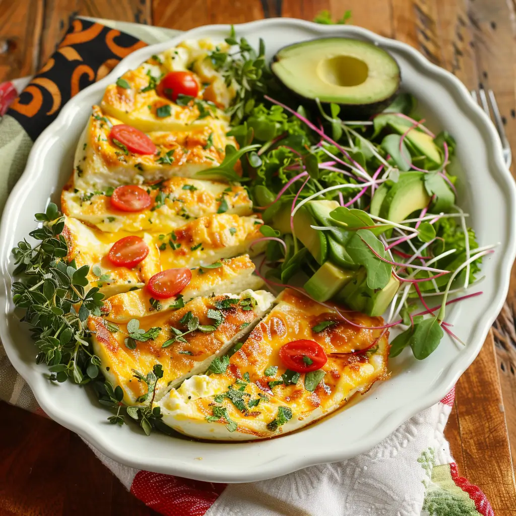 Slices of baked cottage cheese eggs with cherry tomato halves, fresh herbs, avocado, and mixed greens on a plate.