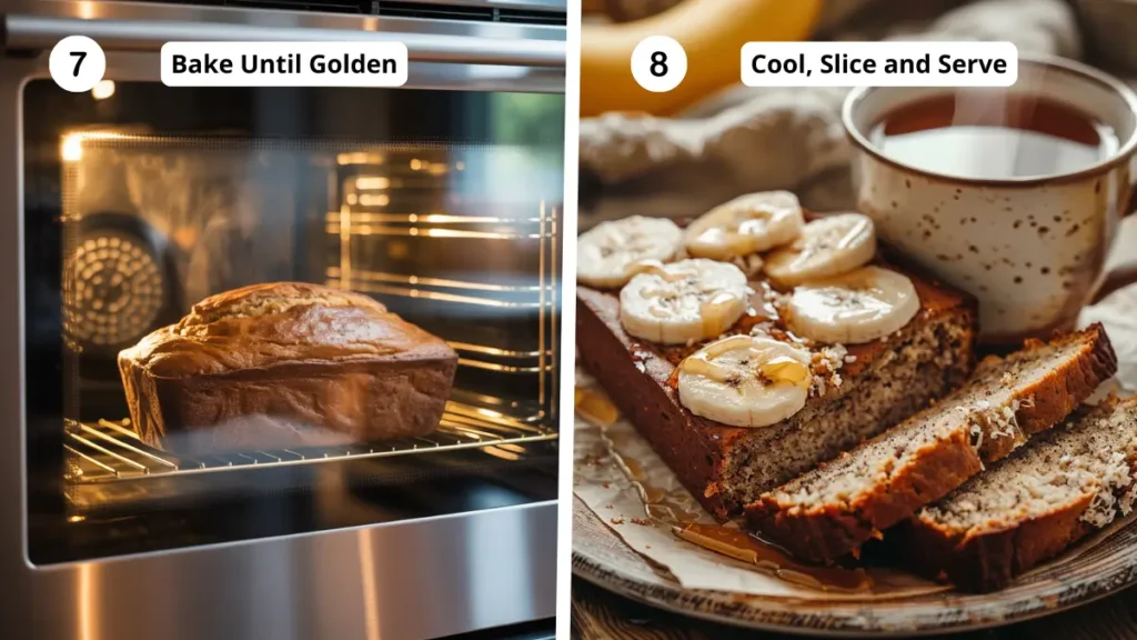 Banana bread baking in the oven without baking soda. and a plate of sliced banana bread.