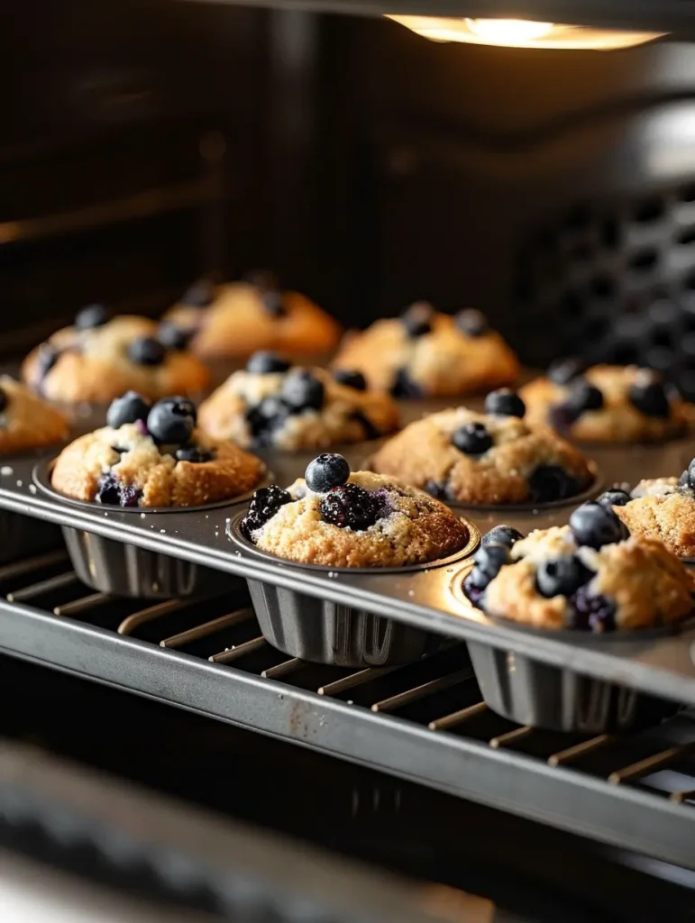 Muffins baking in the oven with golden tops.