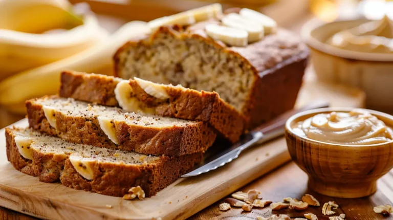 Sliced banana bread without baking soda on a wooden board with butter.
