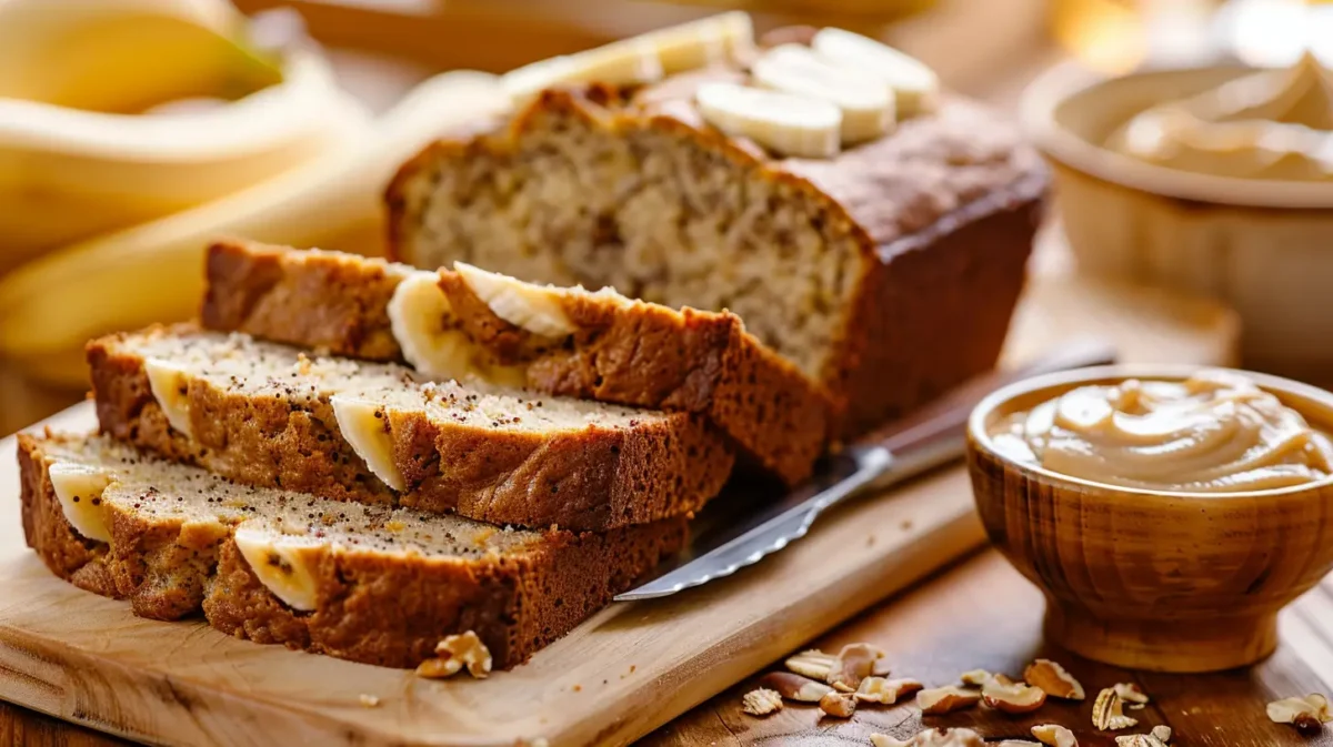 Sliced banana bread without baking soda on a wooden board with butter.