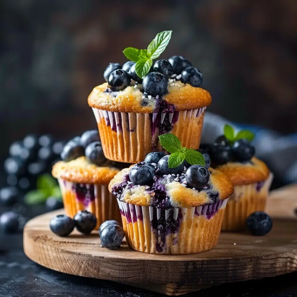 Golden blueberry protein muffins topped with fresh blueberries and mint leaves on a wooden board.