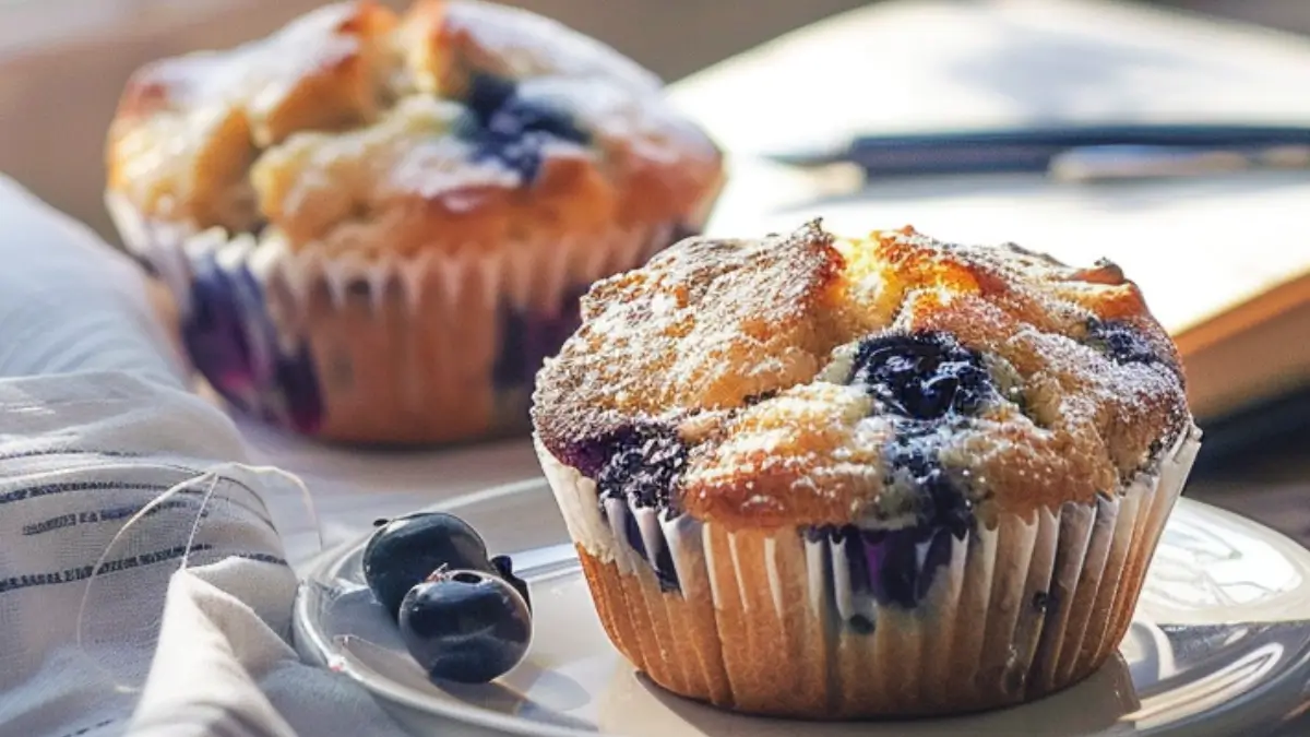 2 golden blueberry protein muffins with fresh blueberries on a plate.