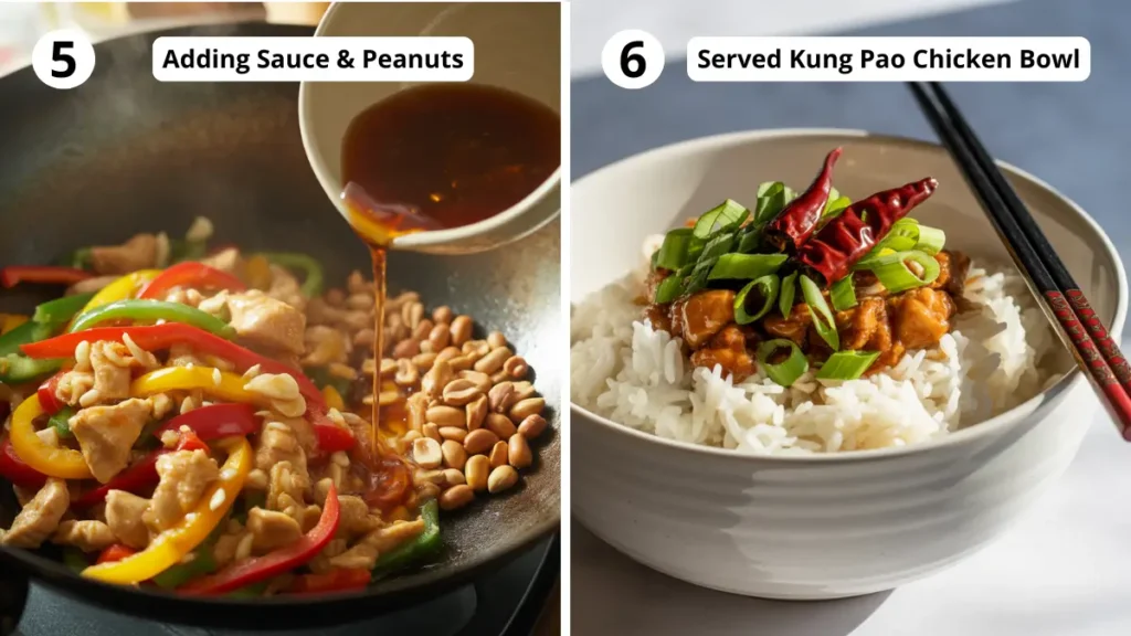 Adding sauce to chicken and peppers in wok. And Bowl of Kung Pao Chicken over rice garnished with scallions.