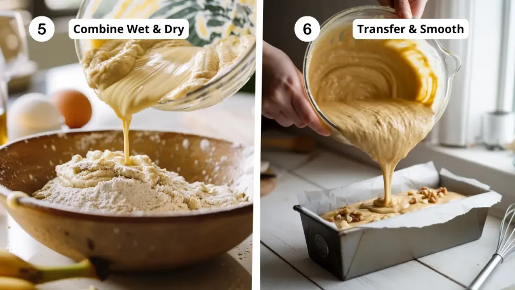 Pouring wet ingredients into dry mix to make banana bread without baking soda batter. And Pouring banana bread batter without baking soda into a loaf pan.