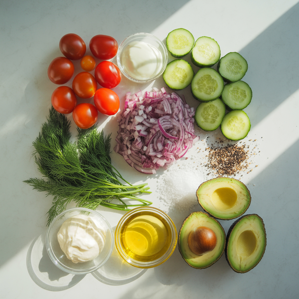 Flat lay of fresh ingredients for cucumber tomato salad including cucumbers, cherry tomatoes, red onions, dill, avocado, olive oil, mayo, sour cream, salt, and pepper