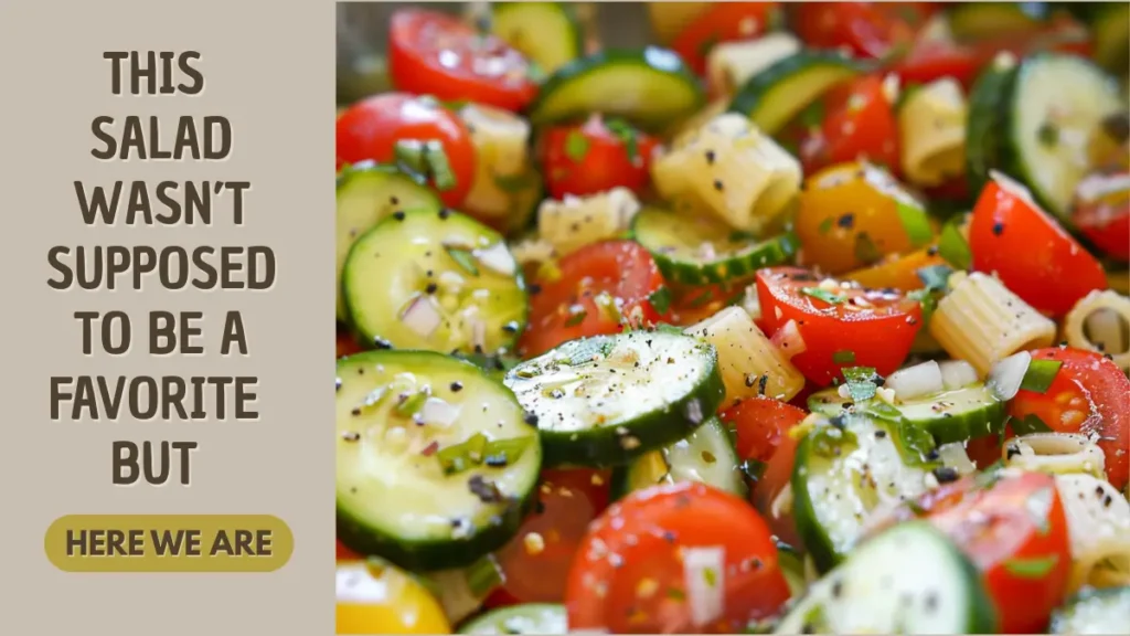 Minimalist food blog quote graphic with the text “This salad wasn’t supposed to be a favorite — but here we are” overlaid on a soft background of salad ingredients