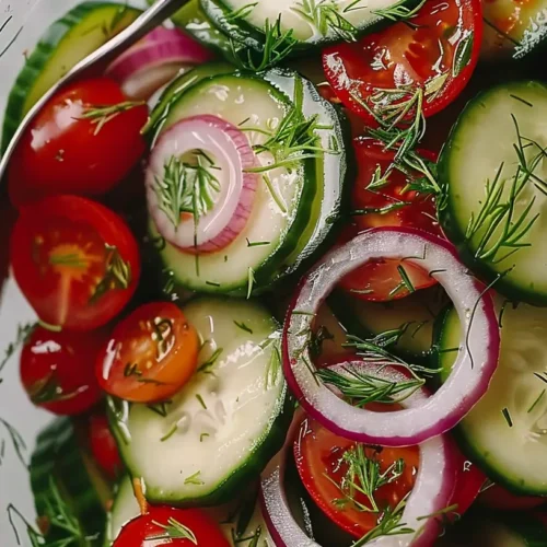 Close-up of a fresh cucumber tomato salad with red onion, dill, and vinaigrette in a glass bowl