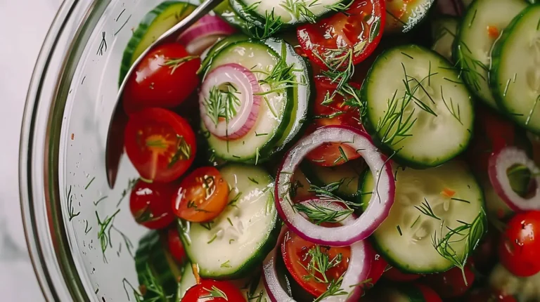 Close-up of a fresh cucumber tomato salad with red onion, dill, and vinaigrette in a glass bowl