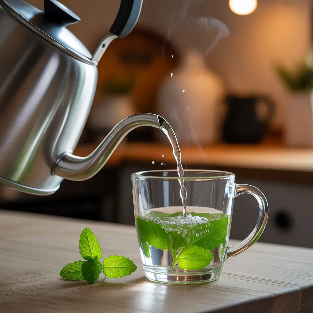 Hot water being poured over fresh lemon balm leaves in a glass mug.