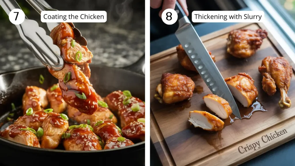 Split image showing Step 7—tongs lifting glazed chicken pieces sprinkled with sesame seeds and scallions from a skillet—and Step 8—knife slicing the rested chicken on a wooden board, revealing juicy white meat.