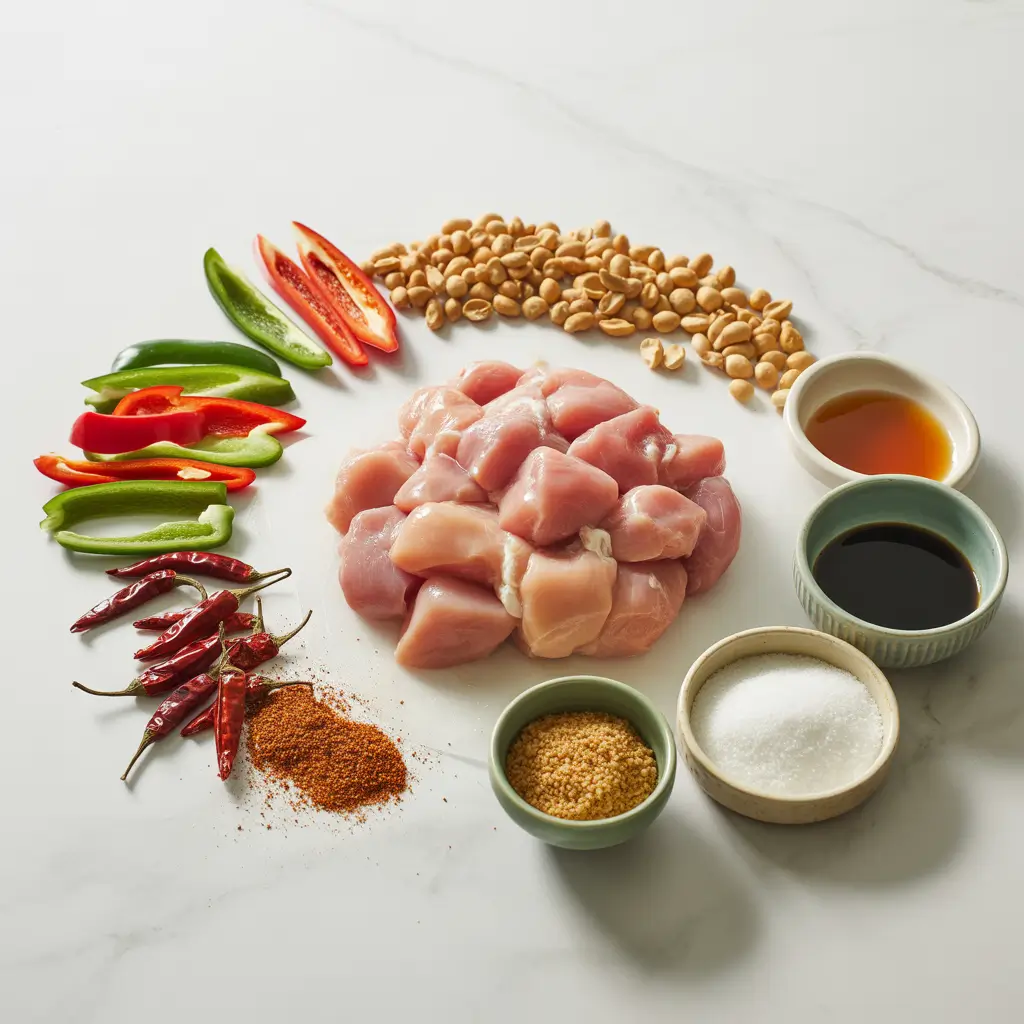 Core ingredients for Panda Express Kung Pao Chicken laid out on marble.