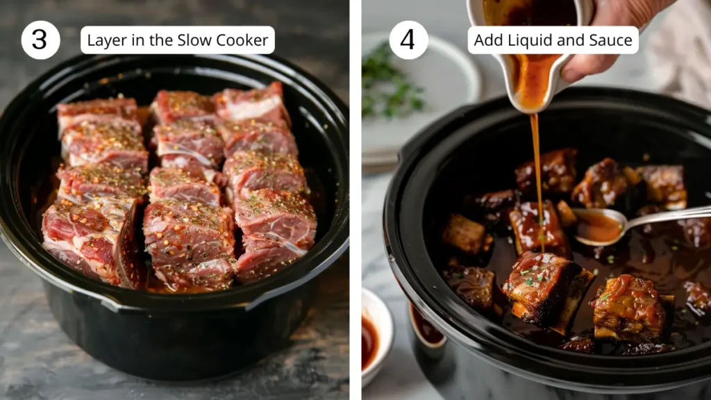 A composite image showing seasoned beef riblets layered neatly in a slow cooker and a hand pouring beef broth and barbecue sauce over them.