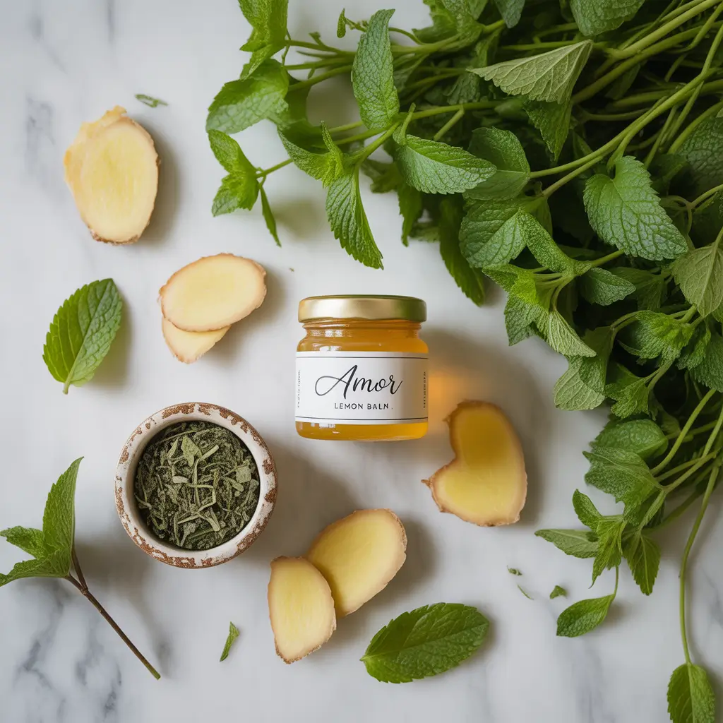 Fresh and dried lemon balm leaves with ginger, mint, and honey.