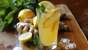 Glass mug of fresh lemon balm tea with lemon slice and sprigs.