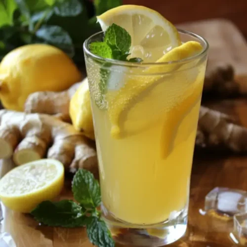 Glass mug of fresh lemon balm tea with lemon slice and sprigs.