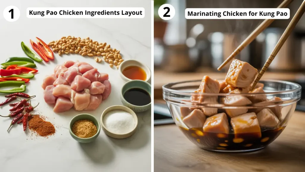 Marinating chicken cubes in soy sauce, and cornstarch.