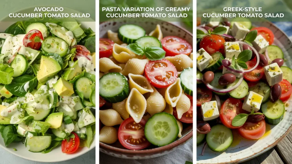 Three cucumber tomato salad variations side by side: avocado salad with creamy dressing, pasta salad with basil, and Greek-style with feta and olives