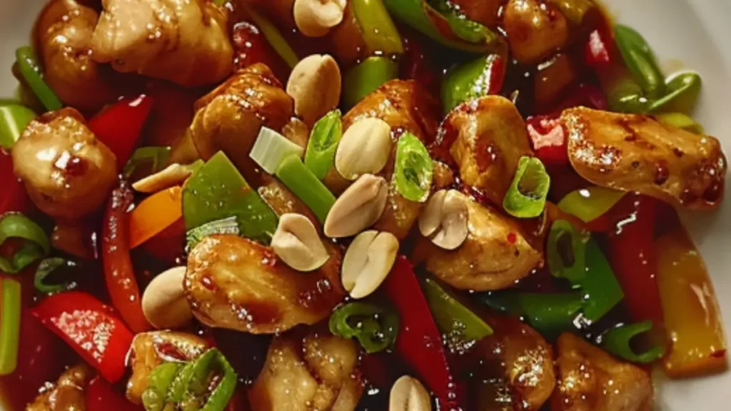 Plate of Panda Express–style Kung Pao Chicken with peppers and peanuts.