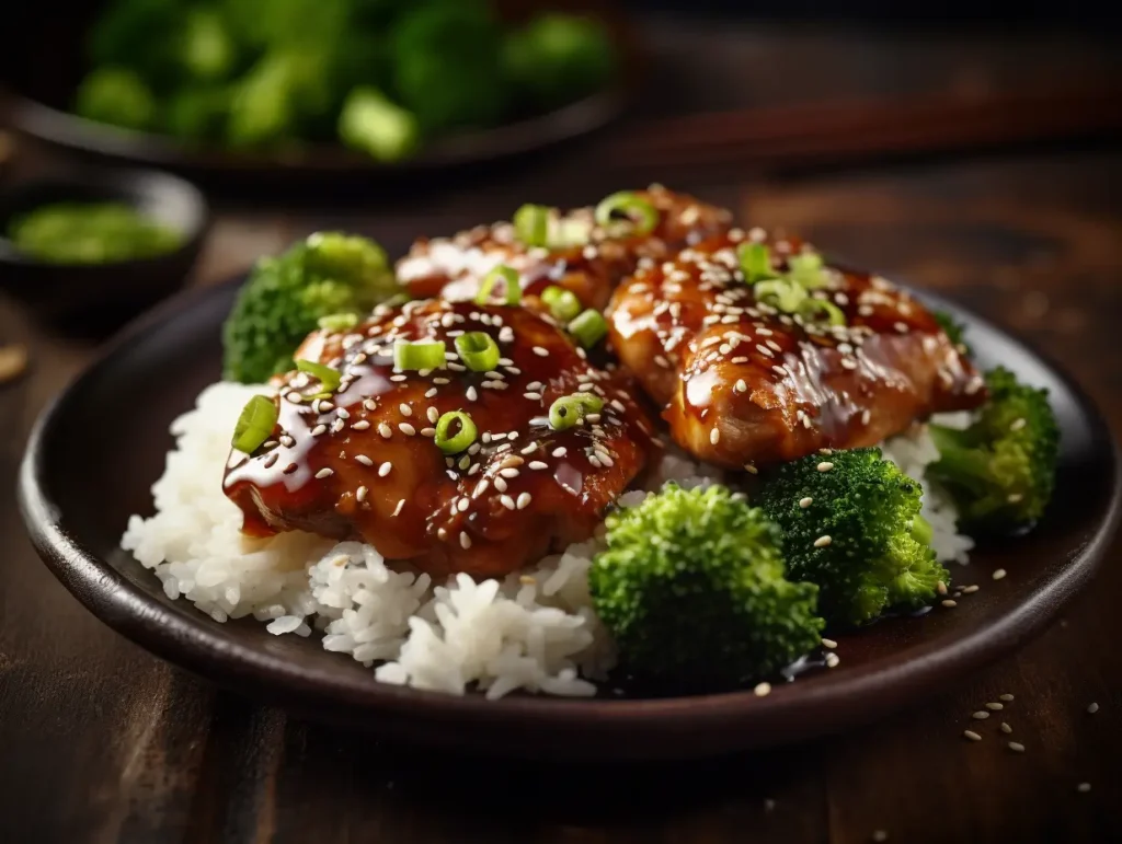 Close‑up of glossy teriyaki Panda Express Teriyaki Chicken thighs on steamed white rice, garnished with sesame seeds and sliced green onions, with broccoli florets on a dark plate.