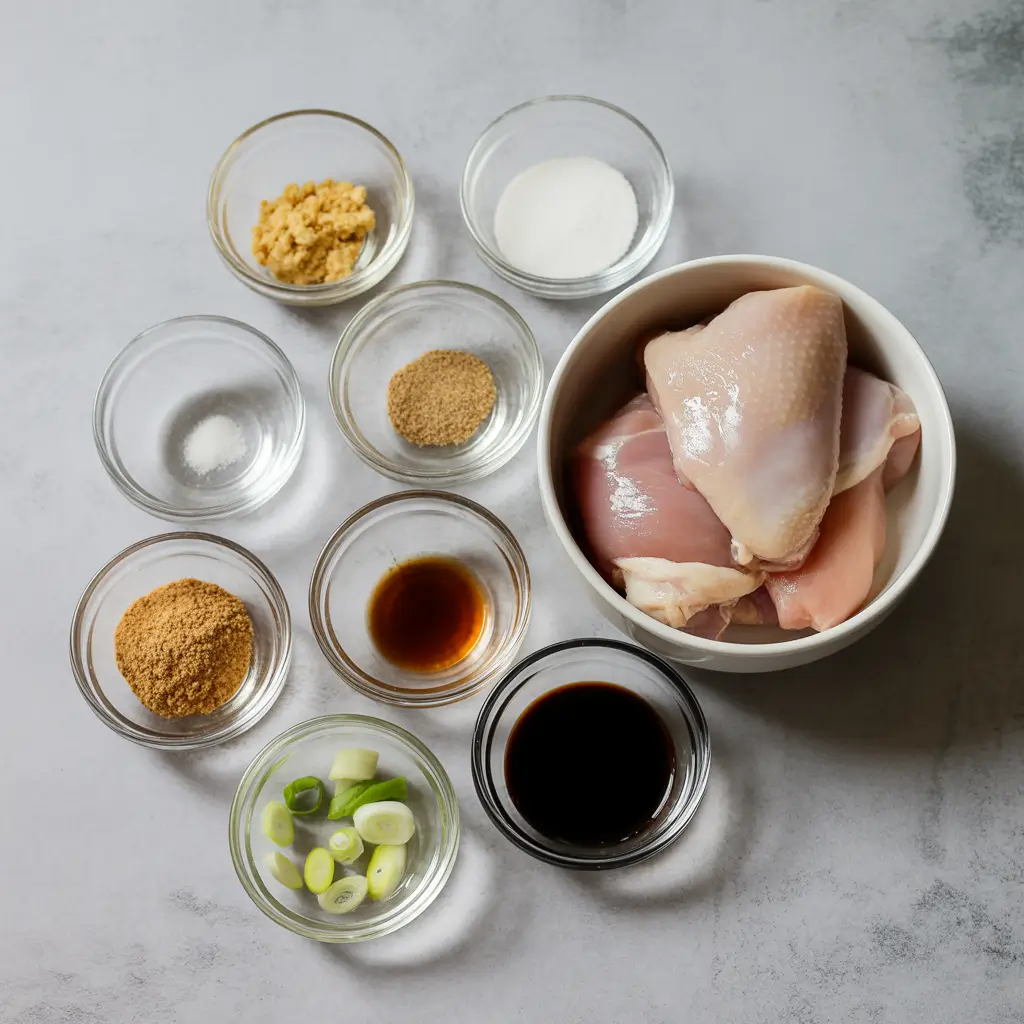Overhead view of Panda Express Teriyaki Chicken ingredients: raw chicken thighs in a bowl surrounded by soy sauce, brown sugar, sliced scallions, oil, cornstarch, garlic powder, ground ginger, salt, and pepper.