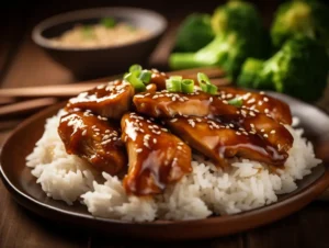 Panda Express Teriyaki Chicken glazed strips on steamed white rice, topped with sesame seeds and sliced green onions, with broccoli in the background.