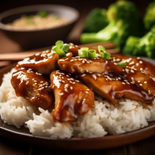 Panda Express Teriyaki Chicken glazed strips on steamed white rice, topped with sesame seeds and sliced green onions, with broccoli in the background.