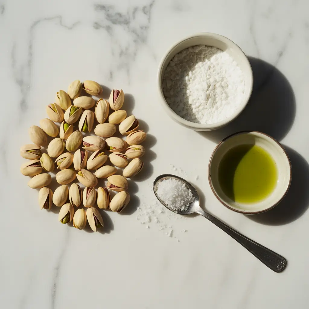 “Raw pistachios with sugar, oil, and salt laid out for pistachio cream recipe.