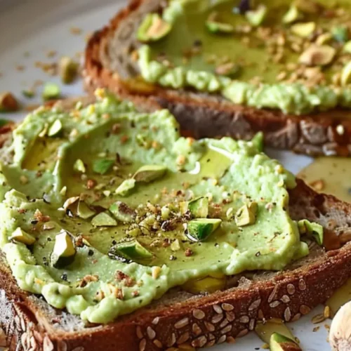 Toasted whole‑grain bread slices topped with pistachio cream and honey drizzle.