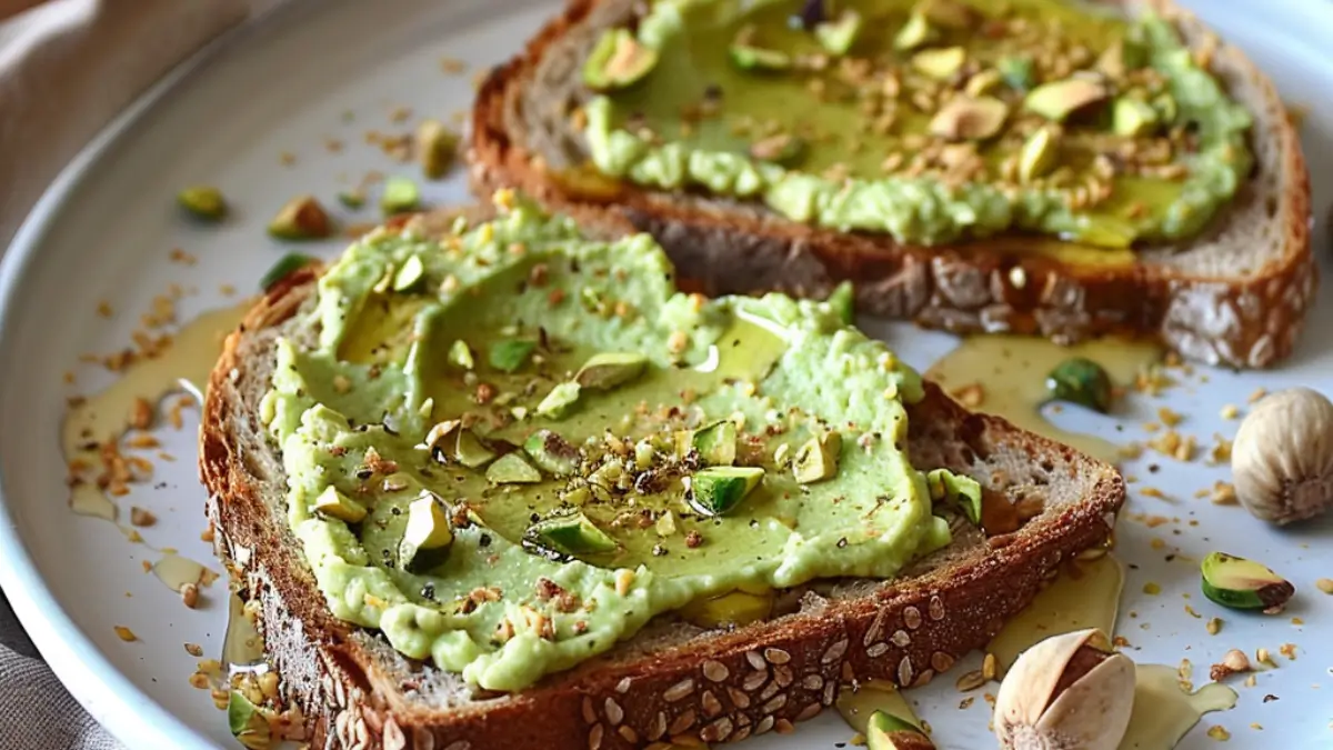 Toasted whole‑grain bread slices topped with pistachio cream and honey drizzle.