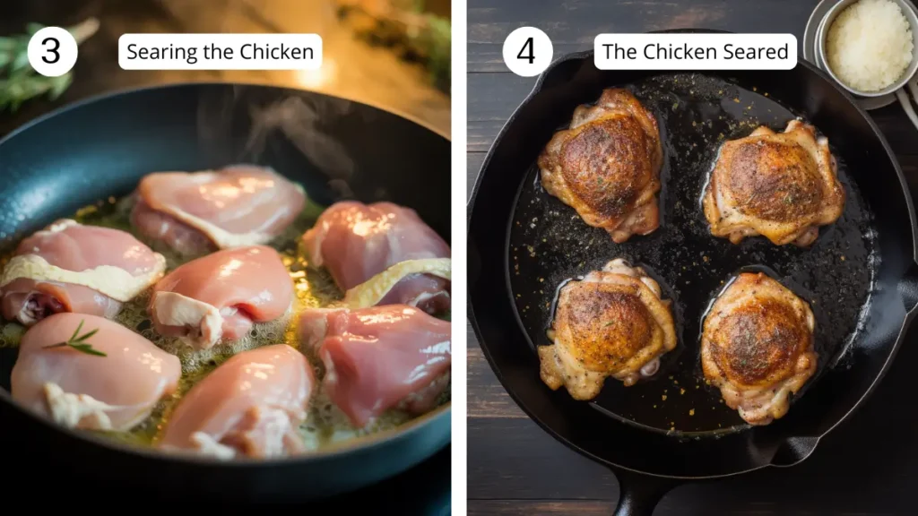 Split image showing Step 3—raw chicken thighs sizzling in a skillet—and Step 4—four chicken thighs with crisp, golden‑brown skin after searing in a cast‑iron pan.