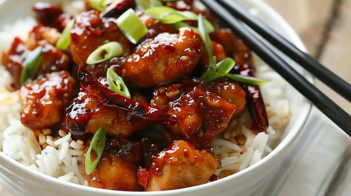 Bowl of Kung Pao Chicken over rice garnished with scallions.