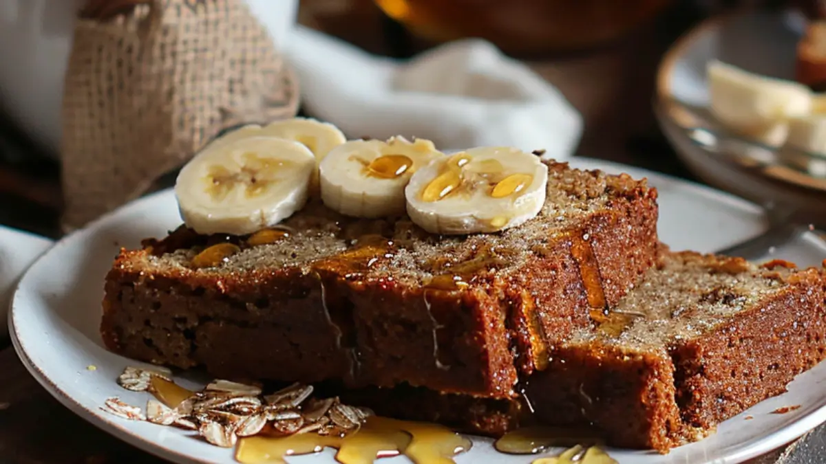 Banana bread slices without baking soda served with banana slices and honey.