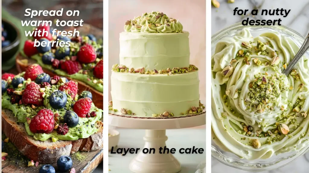 Three‑part display: toasted sourdough spread with pistachio cream and fresh berries; mini cake layered with pistachio cream and chopped nuts; whipped cream swirled with pistachio cream and crushed pistachios.