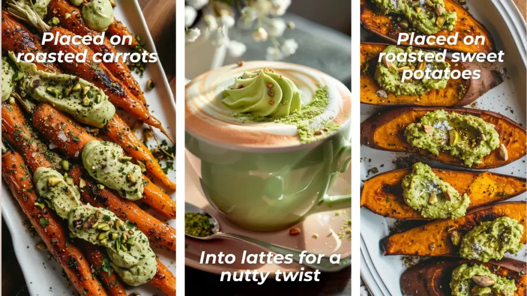 Composite image showing roasted carrot spears topped with pistachio cream; roasted sweet potato wedges topped with pistachio cream; and a latte with a pistachio cream swirl on its foam.
