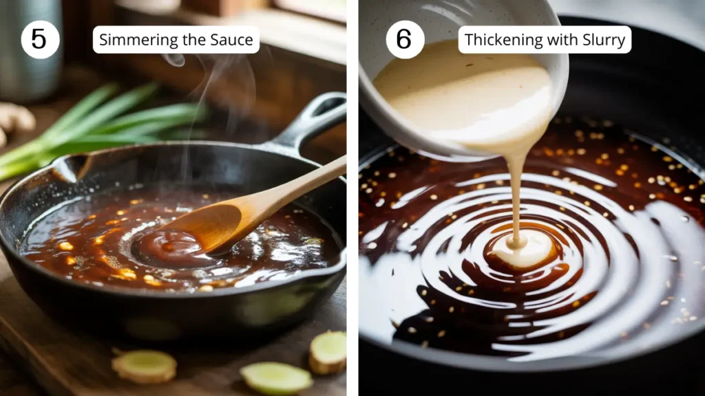 Split image showing Step 5—teriyaki sauce simmering in a cast‑iron skillet with a wooden spoon—and Step 6—cornstarch slurry pouring into the bubbling sauce, creating glossy ripples.
