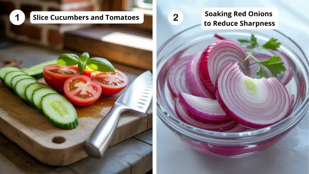 Step-by-step visuals showing sliced cucumbers and tomatoes on a cutting board and red onions soaking in a glass bowl to reduce sharpness