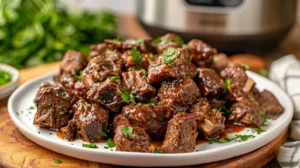 Platter of slow cooker country‑style beef riblets glazed with barbecue sauce and parsley garnish.