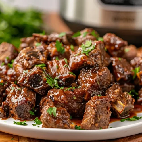 Platter of slow cooker country‑style beef riblets glazed with barbecue sauce and parsley garnish.
