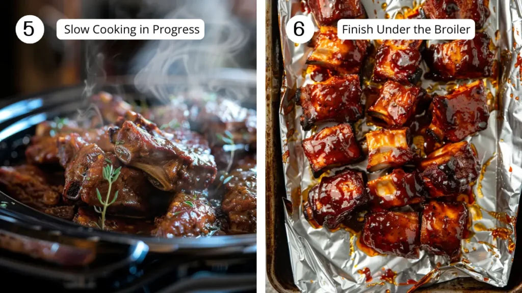 Composite image showing steaming beef riblets cooking in a slow cooker and broiled riblets on a foil‑lined sheet with caramelized barbecue sauce.