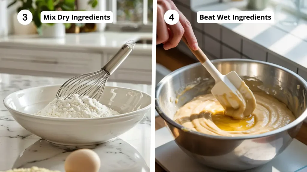 Whisk the dry and wet ingredients for the baking soda-free banana bread separately in mixing bowls.
