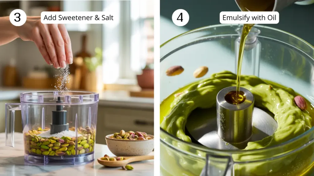 Adding powdered sugar and salt to ground pistachios in a processor and Drizzling oil into pistachio mixture to create creamy spread.