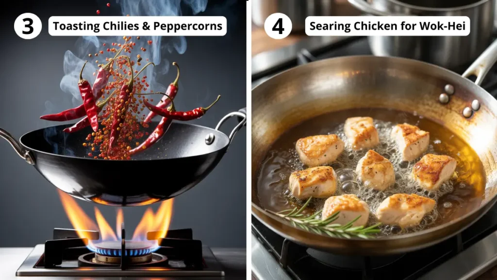Toasting dried chilies and Szechuan peppercorns in a wok. And Searing marinated chicken cubes in hot oil for Kung Pao Chicken.