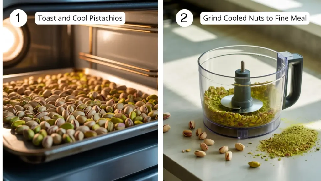Pistachios toasting on a baking sheet in the oven, and Food processor grinding pistachios into a coarse meal.